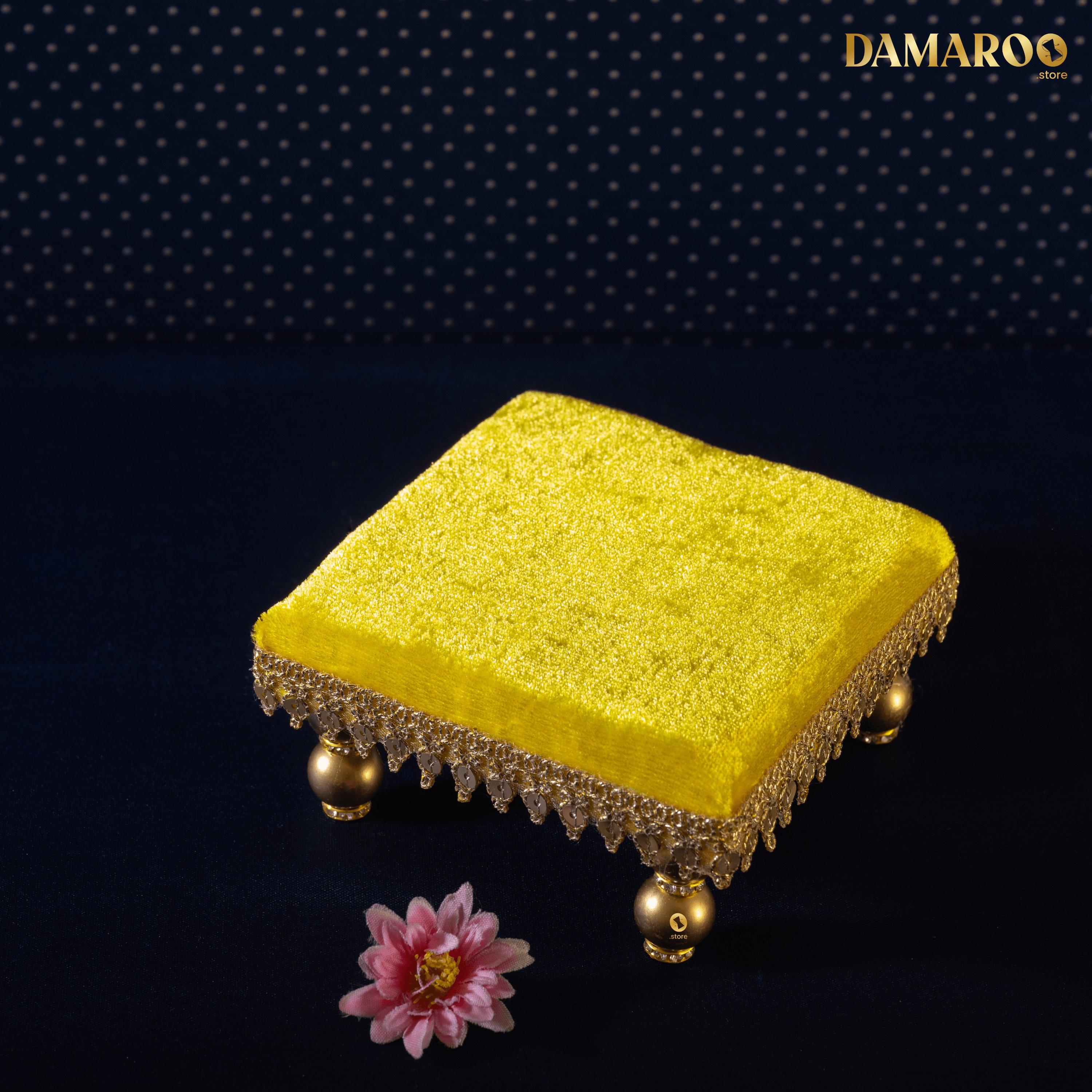 Damaroo 4x4 inch | Sacred Serenity Small Chowki / Bajot for Murti | Velvety Golden Frill - Lemon Yellow - Distacart