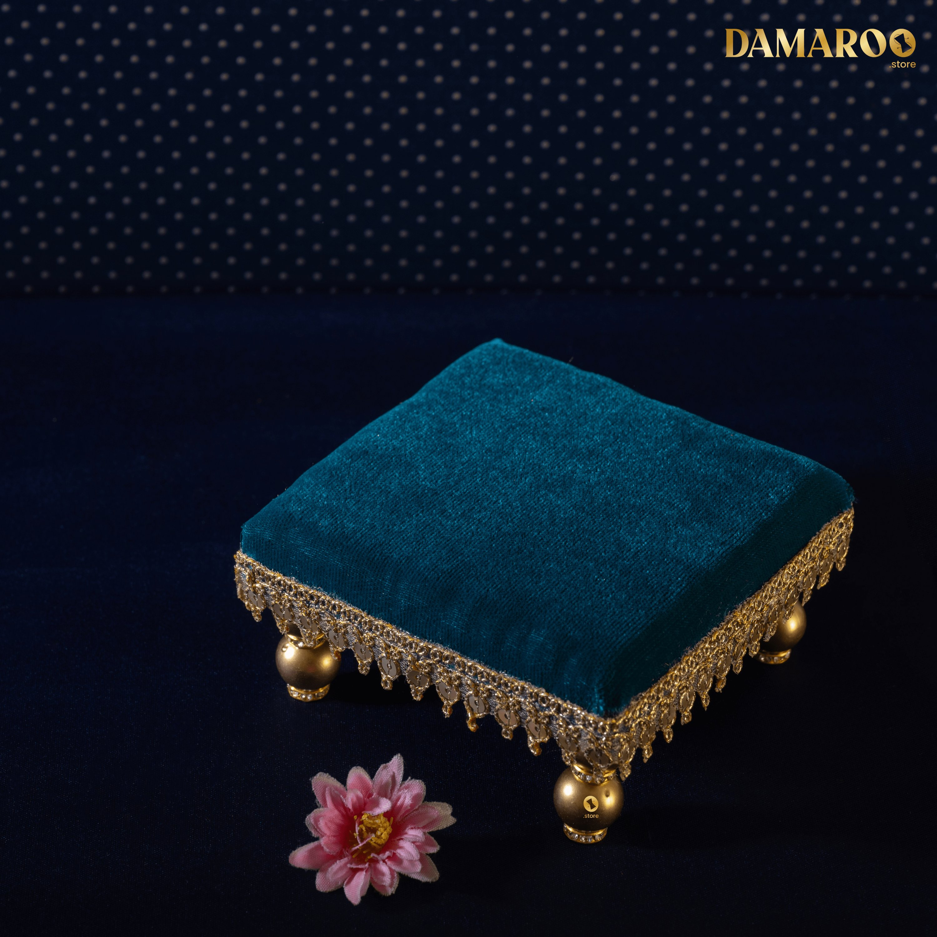 Damaroo 4x4 inch | Sacred Serenity Small Chowki / Bajot for Murti | Velvety Golden Frill - Peacock Blue - Distacart