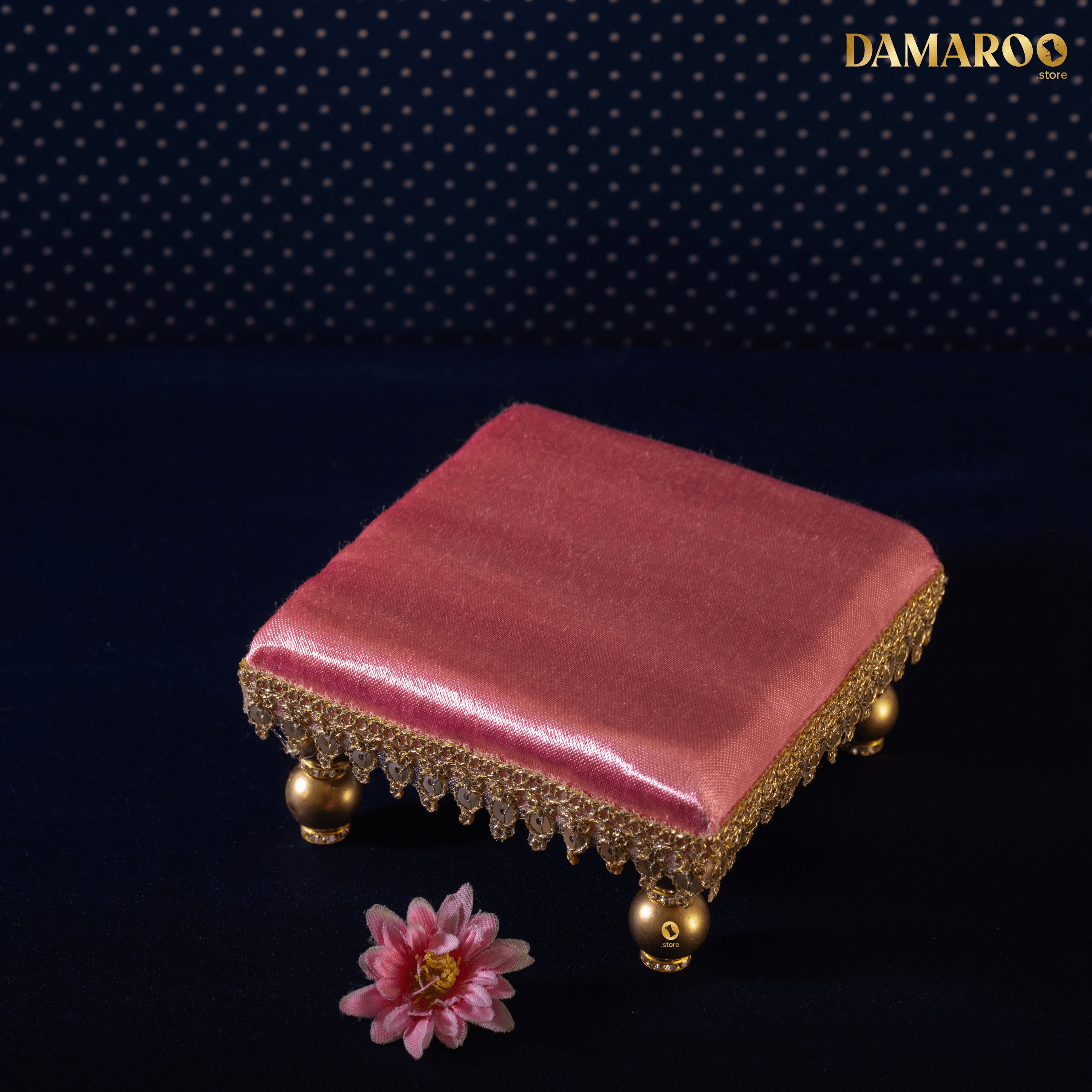 Damaroo 4x4 inch | Silken Splendor Small Pooja Chowki for God | Silk & Golden Frill - Peach - Distacart