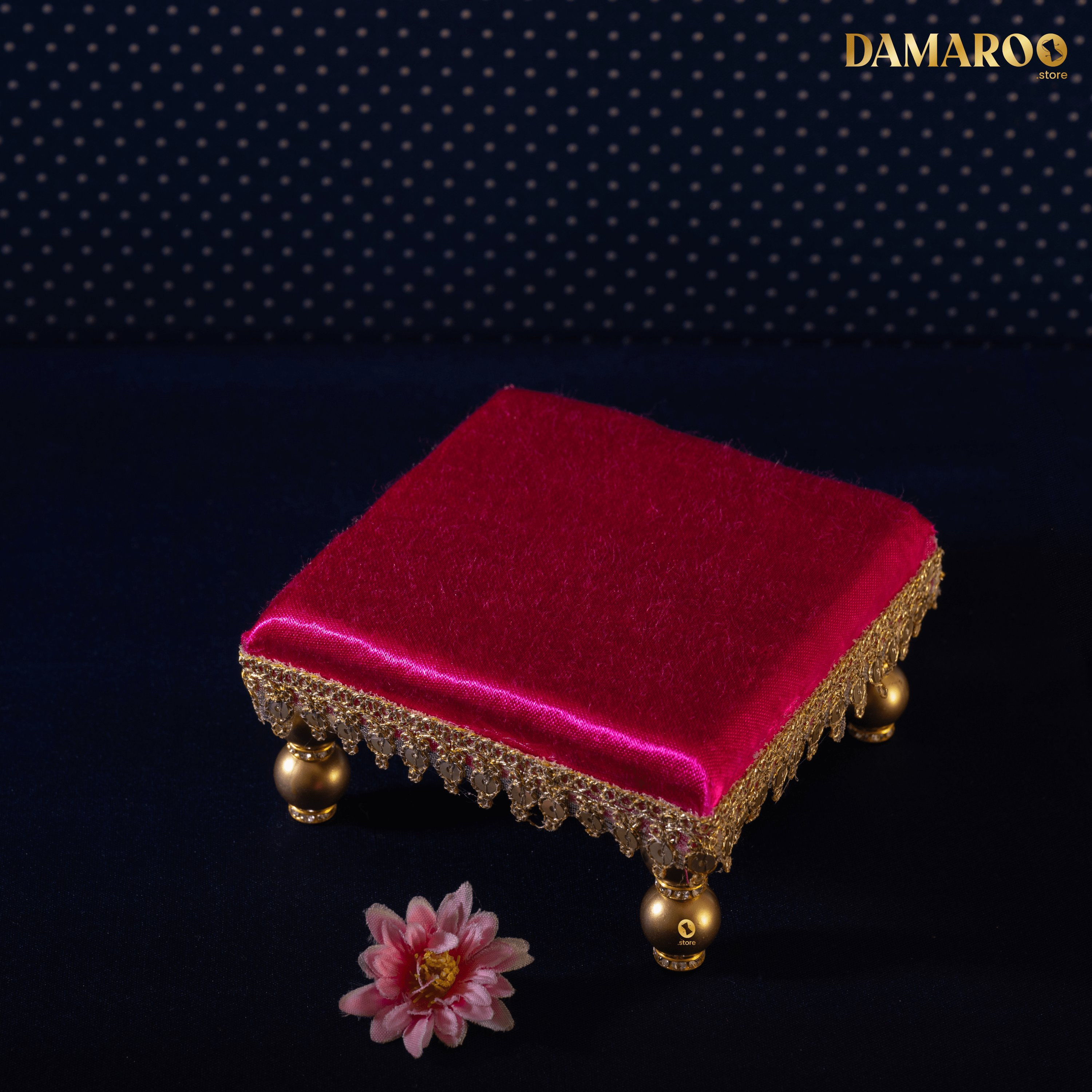 Damaroo 4x4 inch | Silken Splendor Small Pooja Chowki for God | Silk & Golden Frill - Magenta - Distacart