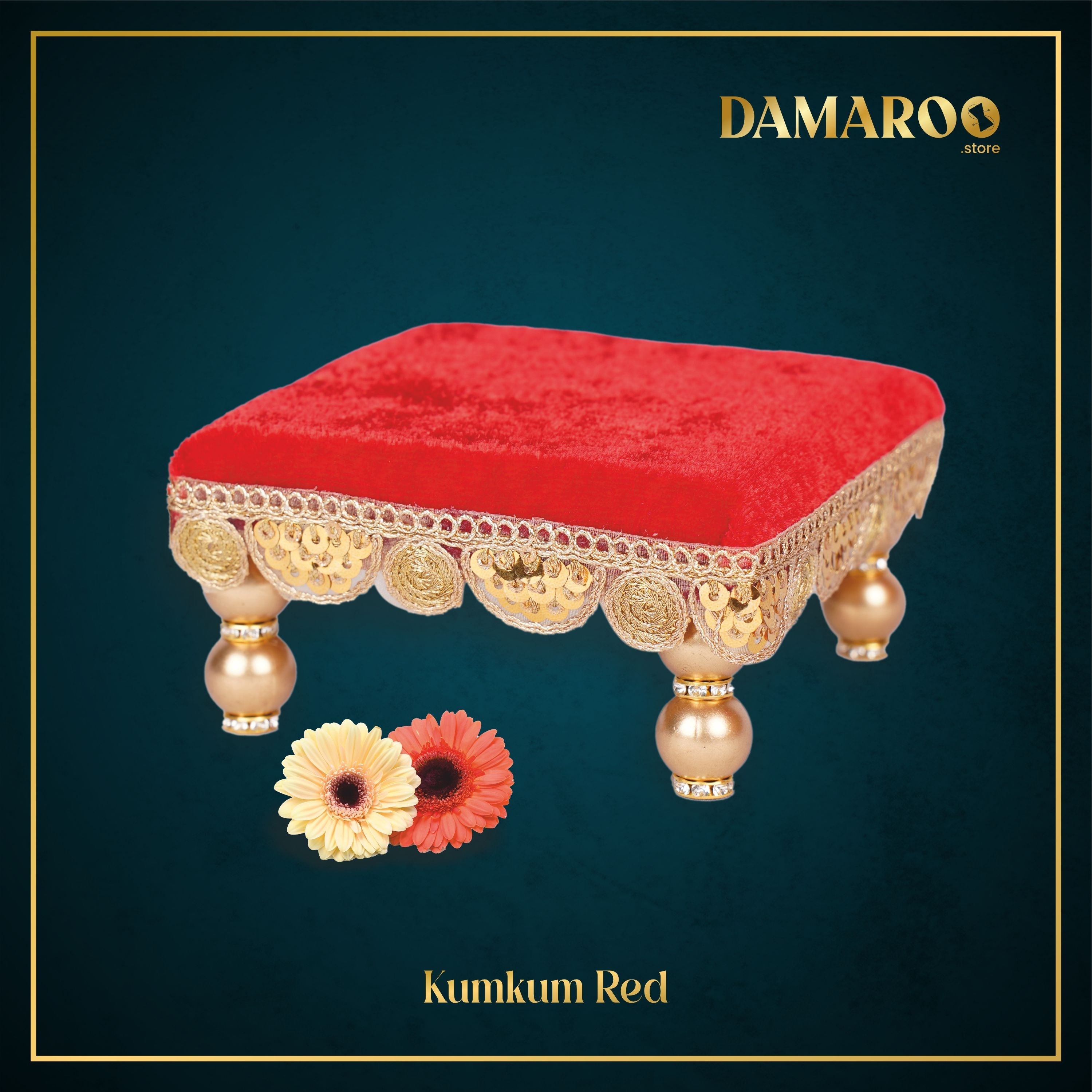 Damaroo 4x4 inch | Bhakti Bliss Small Pooja Chowki / Bajot | Velvety Round Golden Frill - Kumkum Red - Distacart