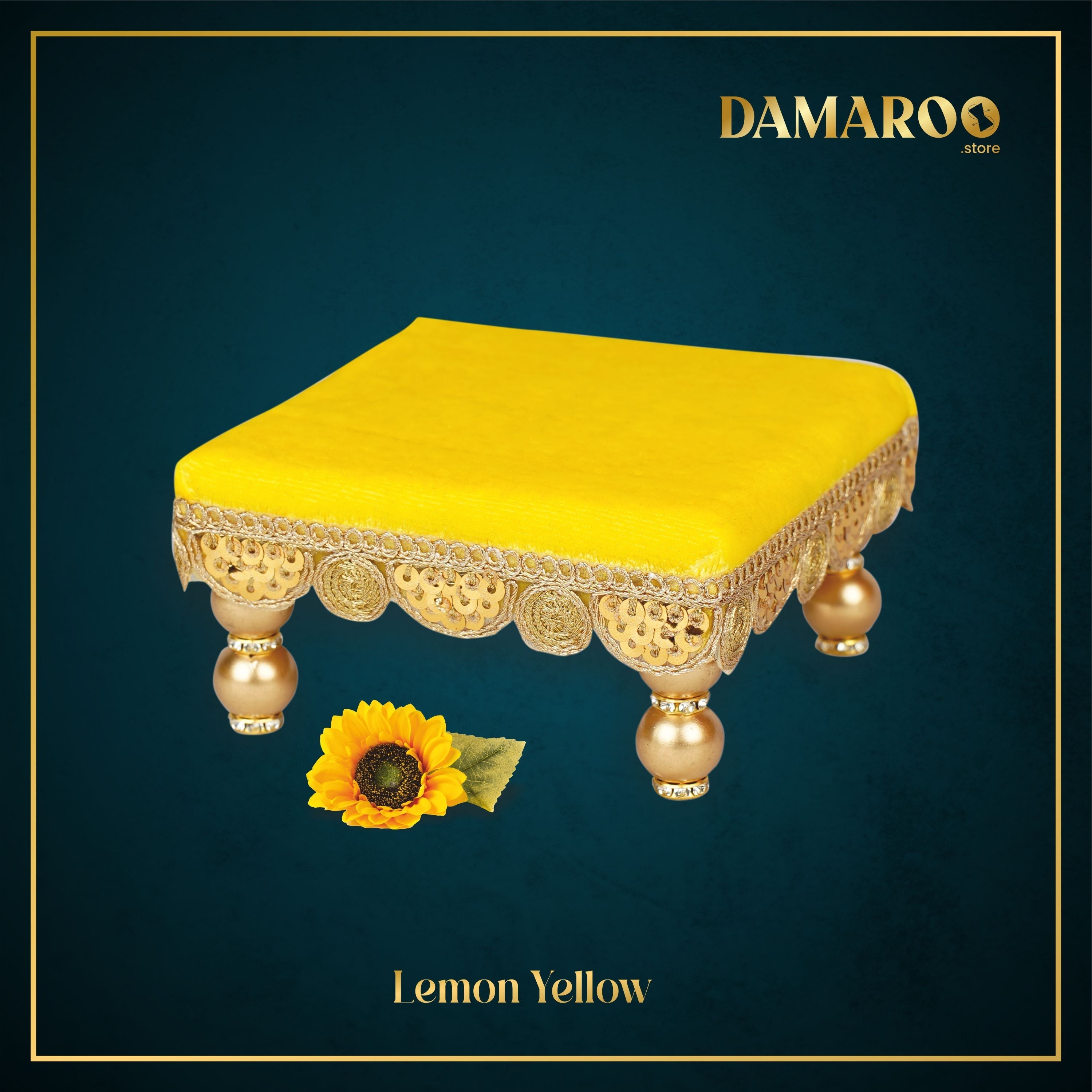 Damaroo 4x4 inch | Bhakti Bliss Small Pooja Chowki / Bajot | Velvety Round Golden Frill - Lemon Yellow - Distacart