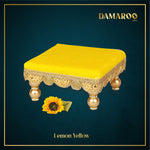 Thumbnail for Damaroo 4x4 inch | Bhakti Bliss Small Pooja Chowki / Bajot | Velvety Round Golden Frill - Lemon Yellow - Distacart