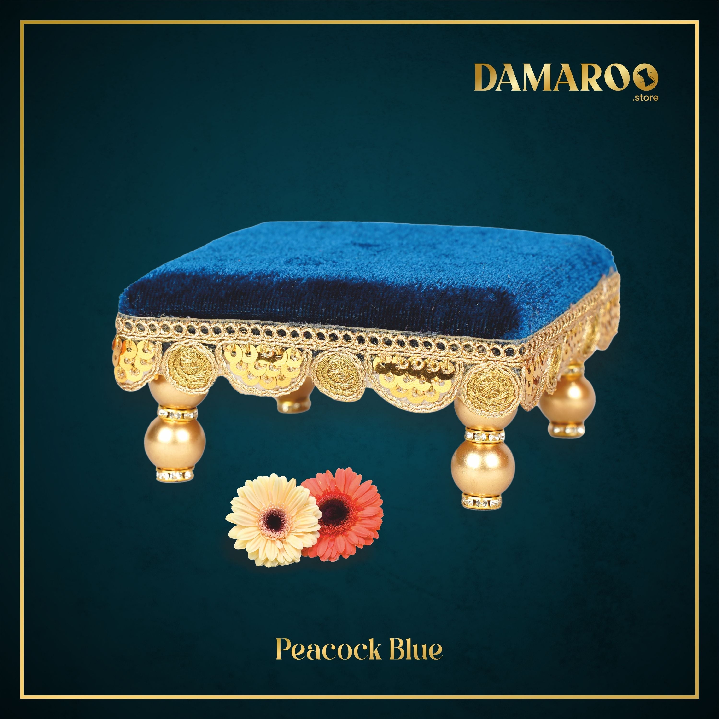 Damaroo 4x4 inch | Bhakti Bliss Small Pooja Chowki / Bajot | Velvety Round Golden Frill - Peacock Blue - Distacart