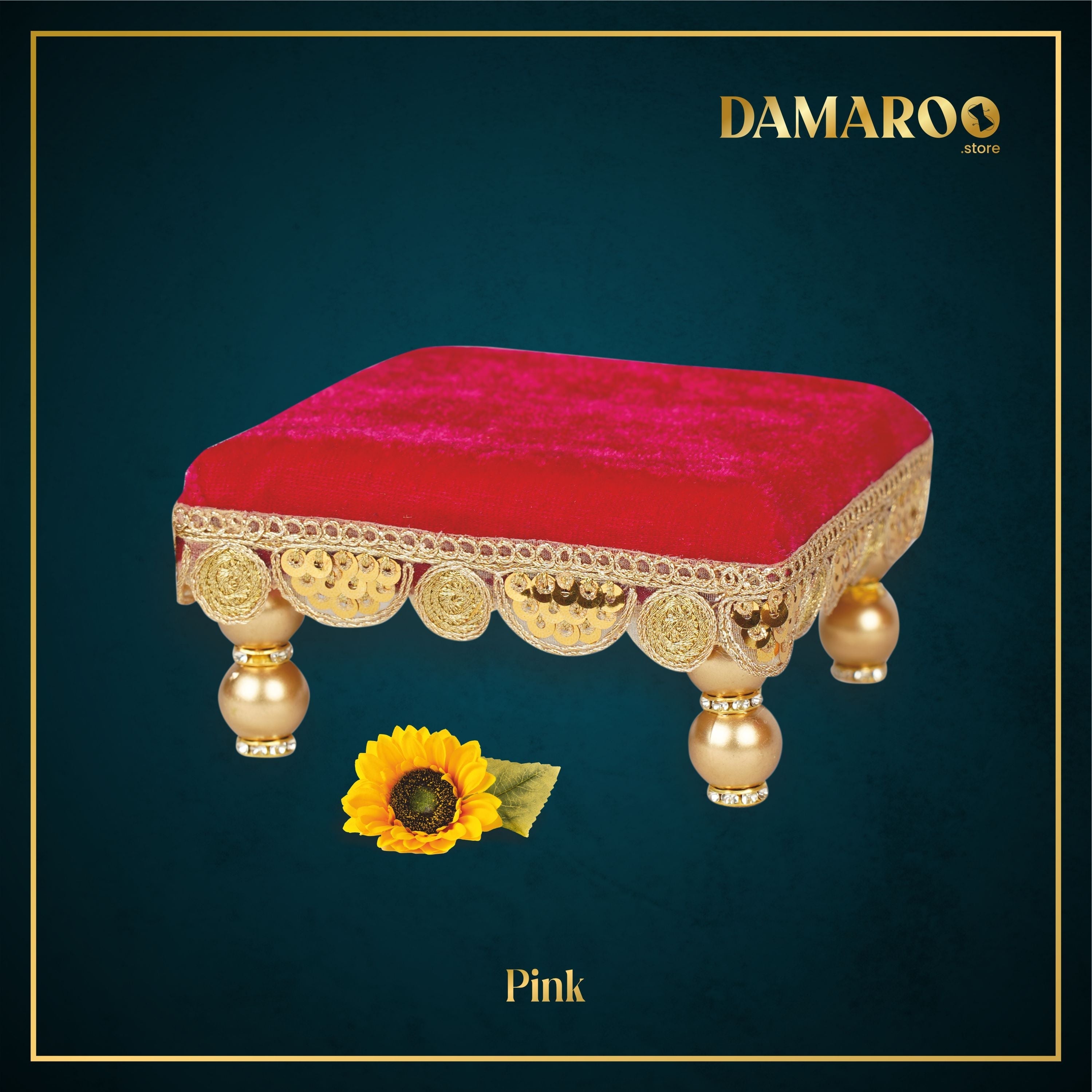Damaroo 4x4 inch | Bhakti Bliss Small Pooja Chowki / Bajot | Velvety Round Golden Frill - Pink - Distacart