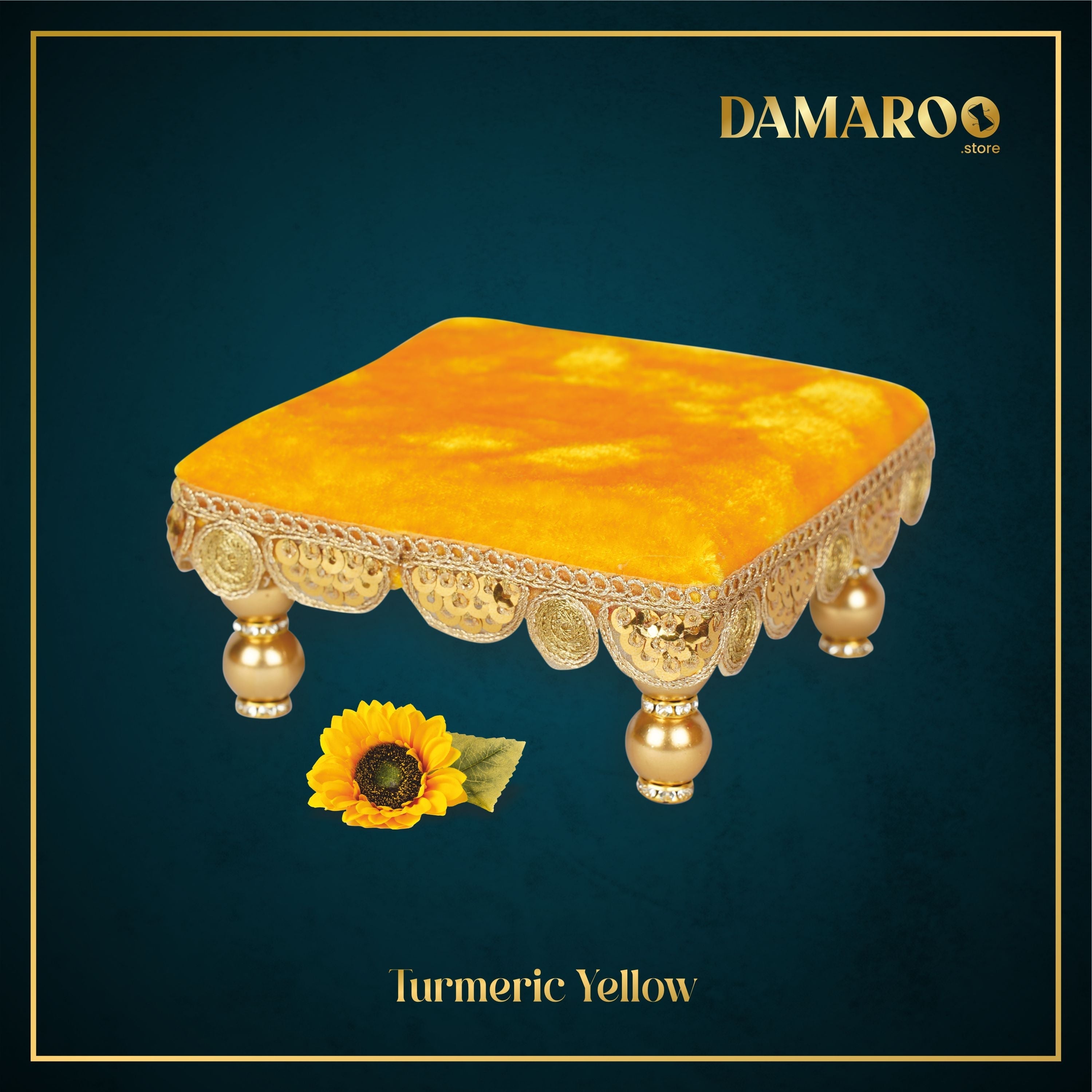 Damaroo 4x4 inch | Bhakti Bliss Small Pooja Chowki / Bajot | Velvety Round Golden Frill - Turmeric Yellow - Distacart