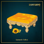Thumbnail for Damaroo 4x4 inch | Bhakti Bliss Small Pooja Chowki / Bajot | Velvety Round Golden Frill - Turmeric Yellow - Distacart