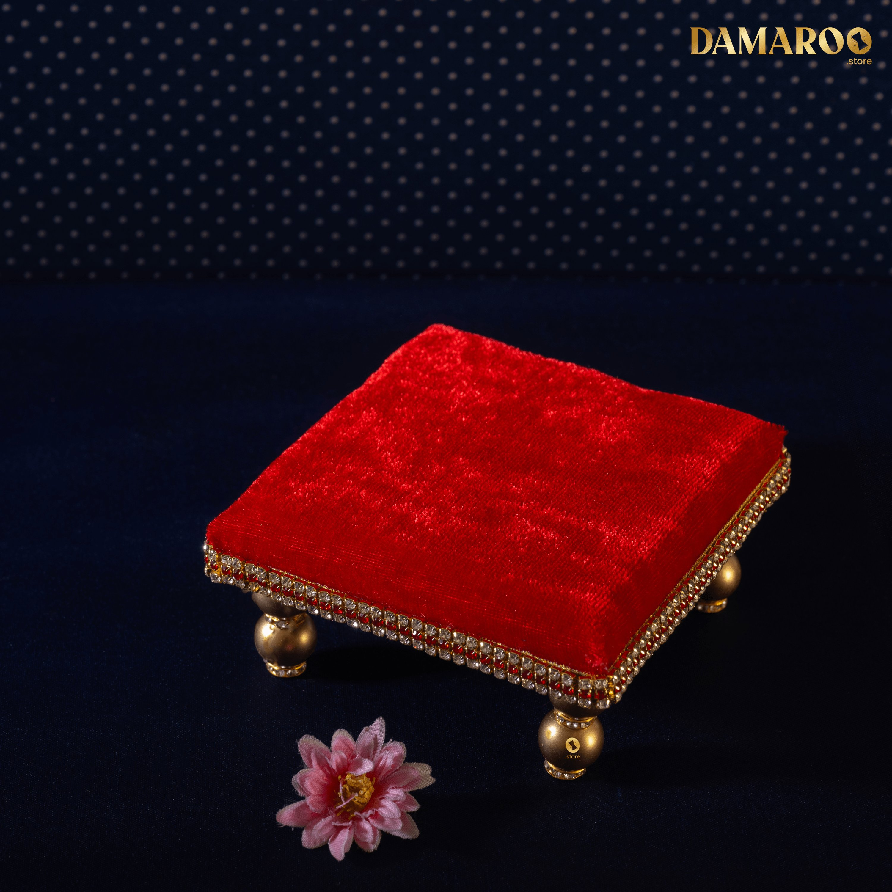Damaroo 4x4 inch | Divine Harmony Small Pooja Chowki Deity Idol | Glitter of Glass Stones - Kumkum Red - Distacart
