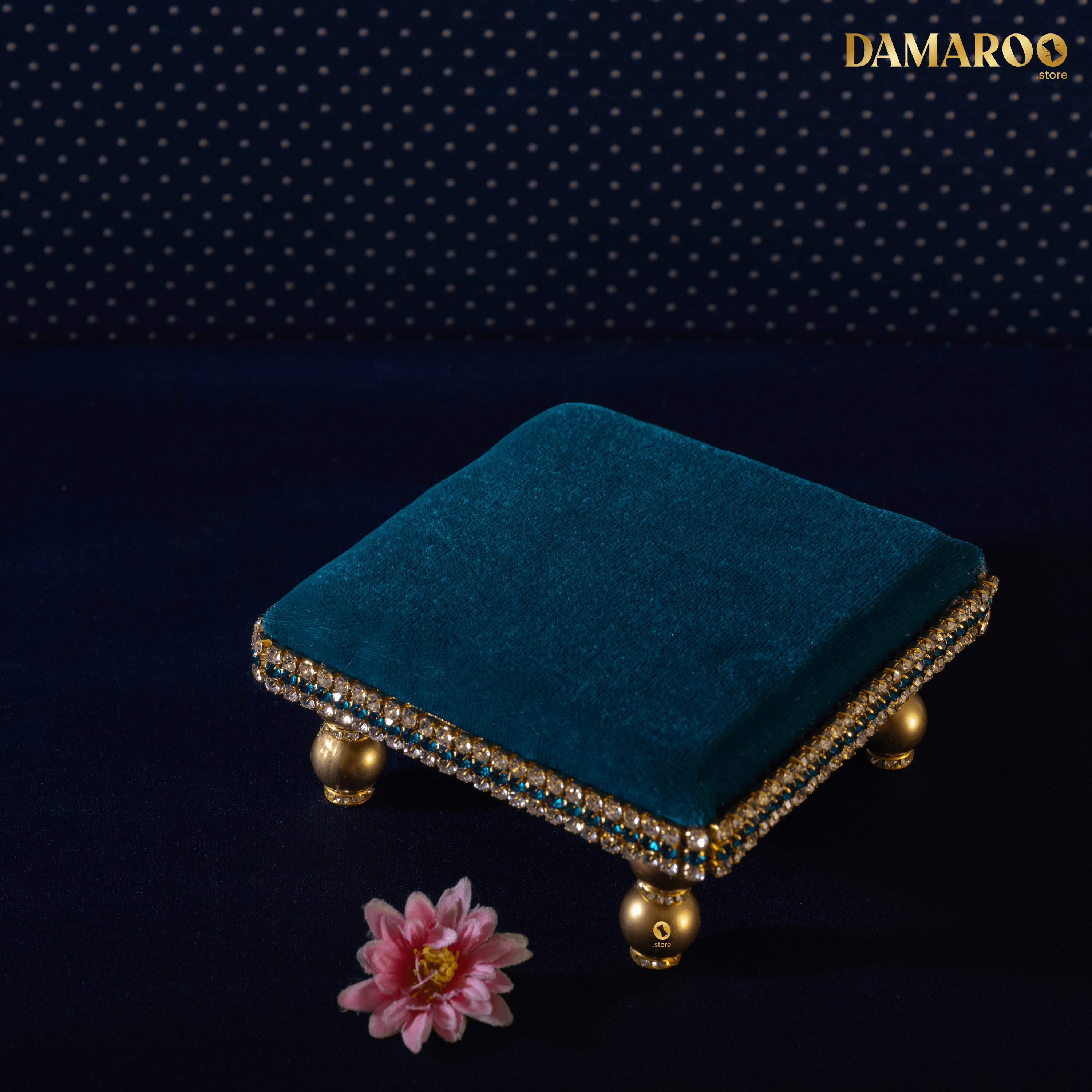 Damaroo 4x4 inch | Divine Harmony Small Pooja Chowki Deity Idol | Glitter of Glass Stones - Peacock Blue - Distacart