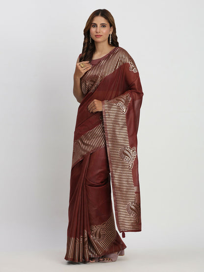 Shree Shyam Fashion Linen Cotton Maroon Saree - Distacart