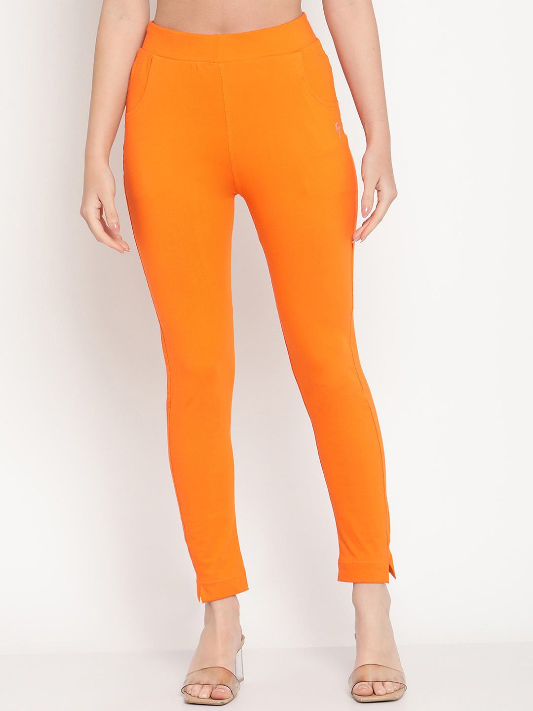 TAG 7 Women Orange Solid Leggings - Distacart