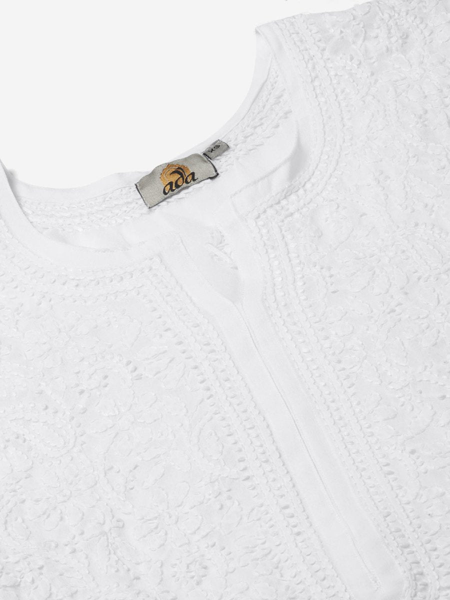 ADA Women White & Black Chikankari Embroidered Sustainable Handloom Kurta with Trousers - Distacart