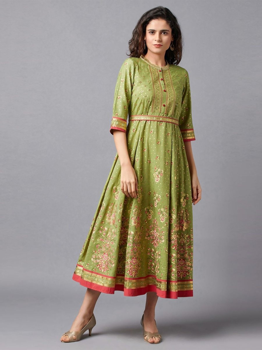 AURELIA Green & Pink Ethnic Motifs Ethnic A-Line Midi Dress - Distacart