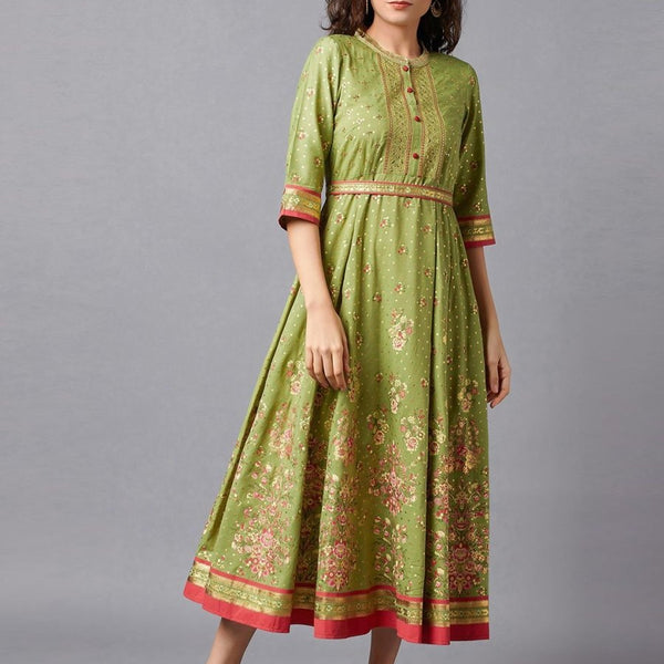 AURELIA Green & Pink Ethnic Motifs Ethnic A-Line Midi Dress - Distacart