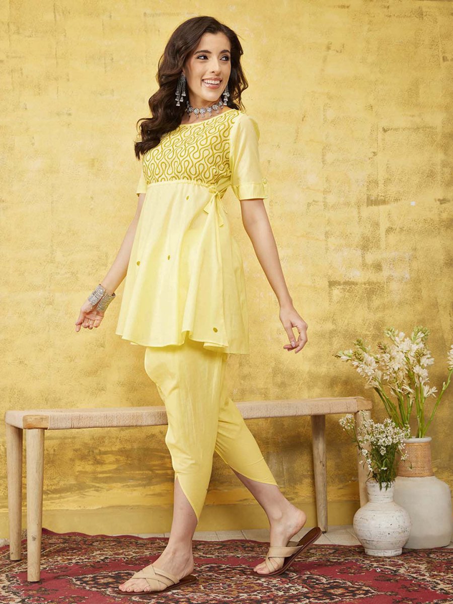 ADA Women Yellow & Green Chikankari Embroidered Empire Sustainable Handloom Kurta with Dhoti Pants - Distacart