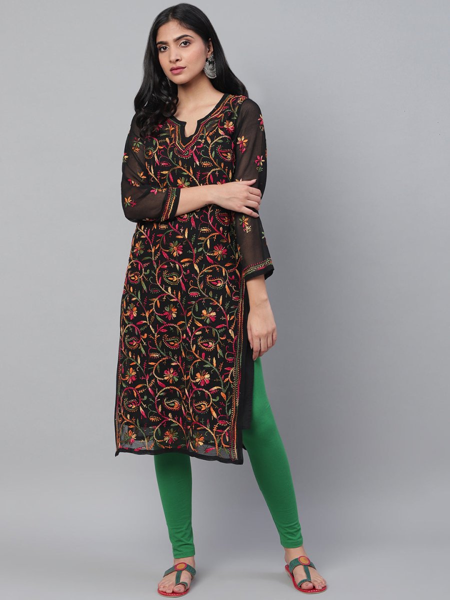 ADA Women Black & Pink Chikankari Hand Embroidered Semi-Sheer Straight Sustainable Kurta With Slip - Distacart
