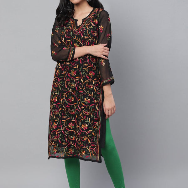 ADA Women Black & Pink Chikankari Hand Embroidered Semi-Sheer Straight Sustainable Kurta With Slip - Distacart