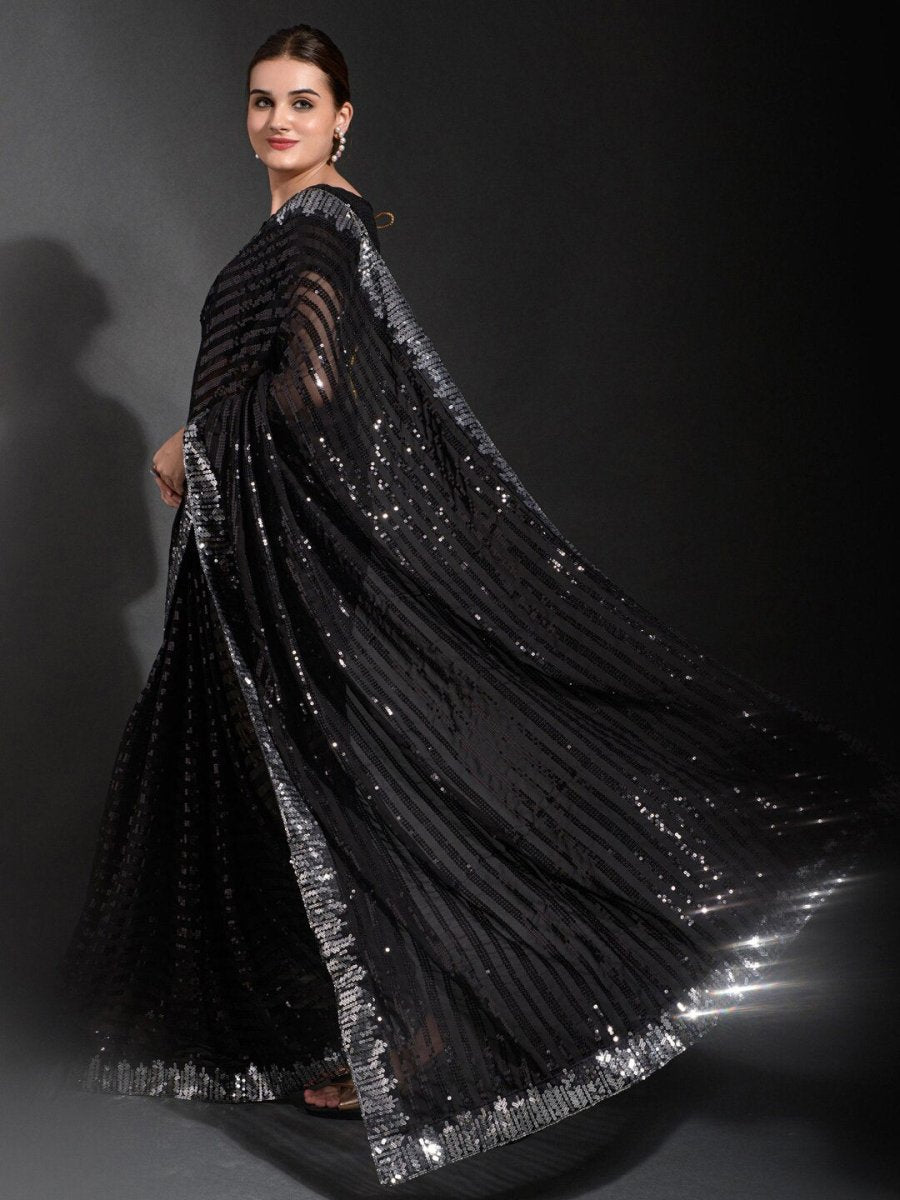 Anouk Black & Silver-Toned Embellished Sequinned Pure Georgette Saree - Distacart