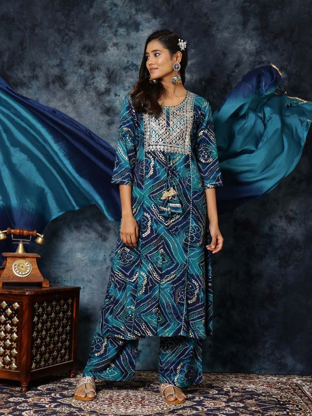 Sangria Bandhani Print & Embroidered Kurta Palazzo & Dupatta Set - Distacart