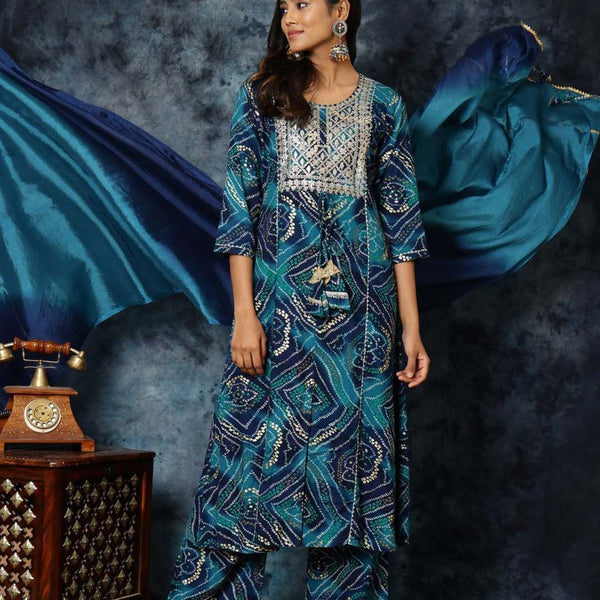 Sangria Bandhani Print & Embroidered Kurta Palazzo & Dupatta Set - Distacart
