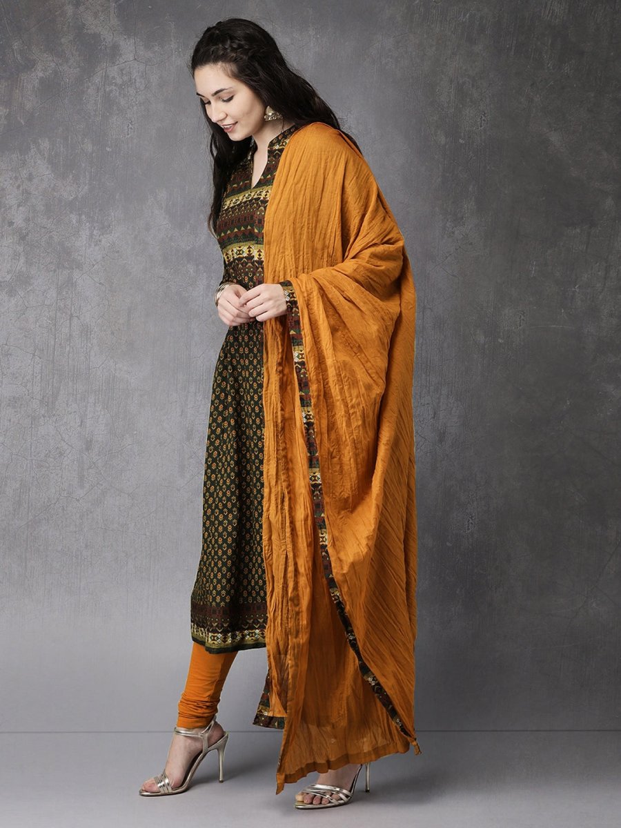 Anouk Women Olive Green & Mustard Brown Printed Kurta with Churidar & Dupatta - Distacart