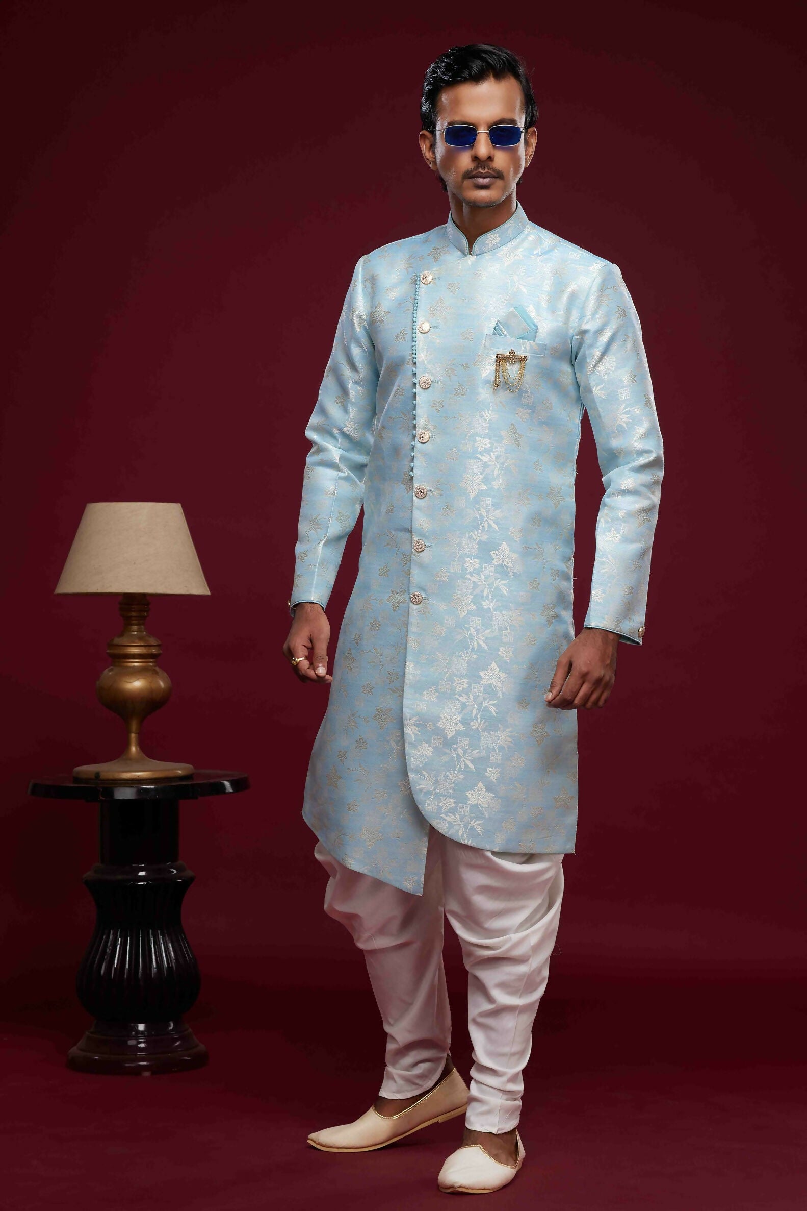 Raivat Ethnic Banarasi Jacquard Embroidery Semi Indo Western Sherwani In Sky Blue Colour