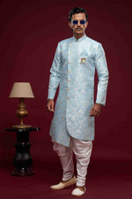 Thumbnail for Raivat Ethnic Banarasi Jacquard Embroidery Semi Indo Western Sherwani In Sky Blue Colour