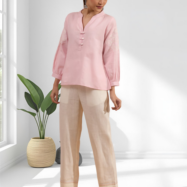 Joban Fashion Pink Cotton, Linen Embroidered Readymade Tunic