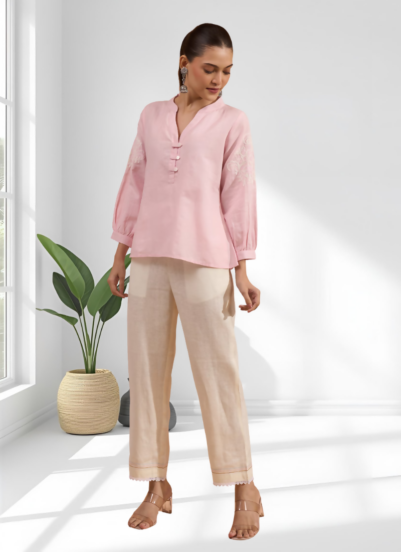 Joban Fashion Pink Cotton, Linen Embroidered Readymade Tunic - Dista