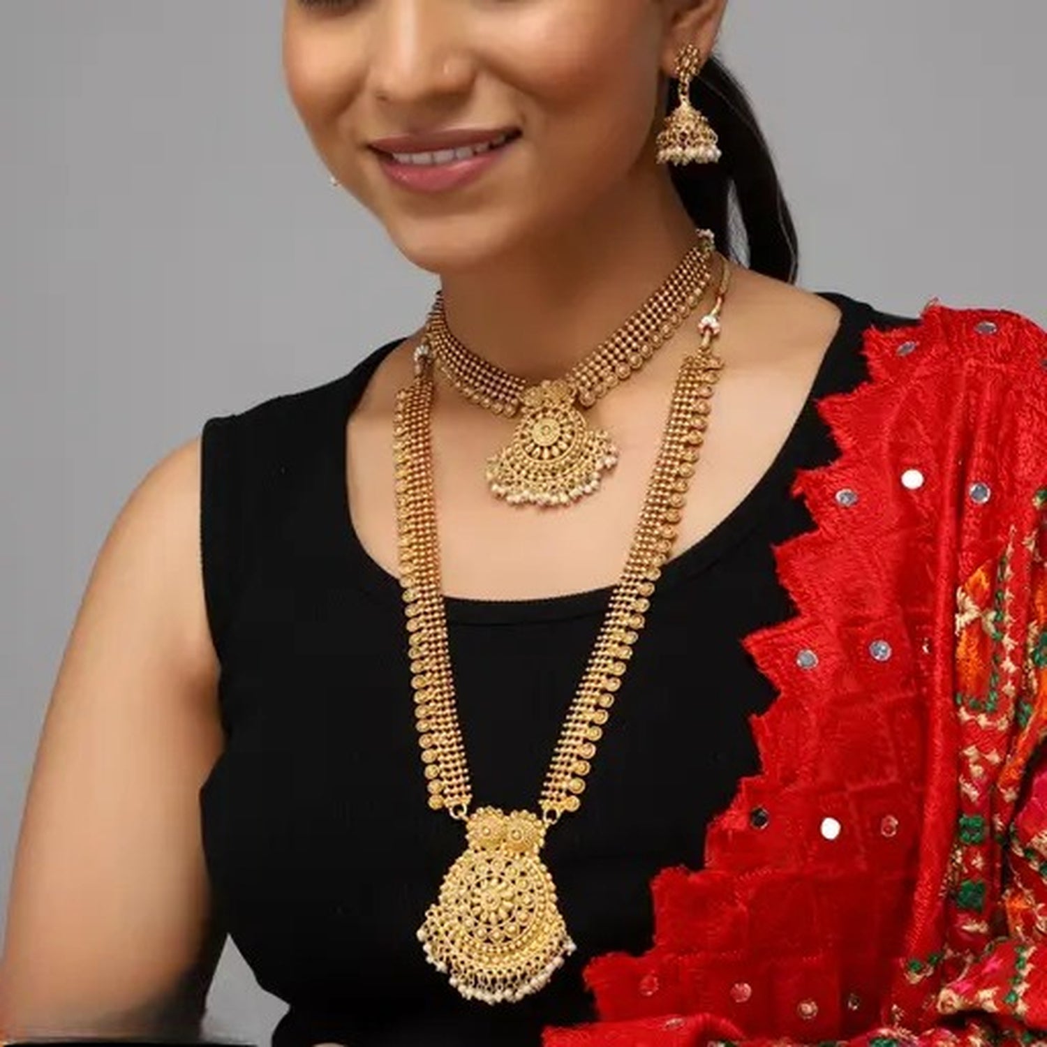 Jewel City Luxurious Gold-Plated South Indian Bridal Jewelry Set - Necklace, Long Chain, Earrings, and Tikka