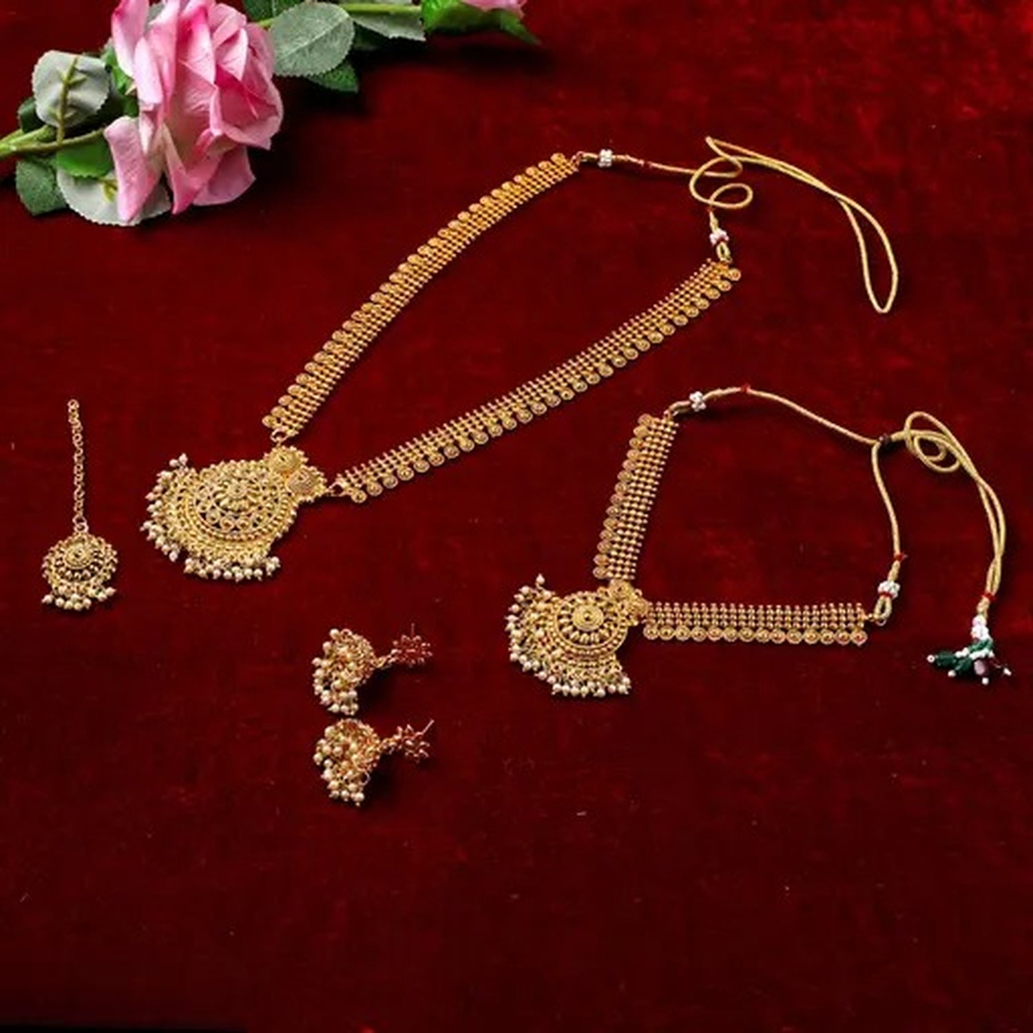 Jewel City Luxurious Gold-Plated South Indian Bridal Jewelry Set - Necklace, Long Chain, Earrings, and Tikka