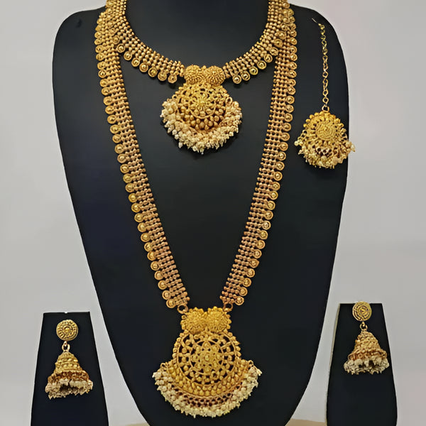Jewel City Luxurious Gold-Plated South Indian Bridal Jewelry Set - Necklace, Long Chain, Earrings, and Tikka - Distacart
