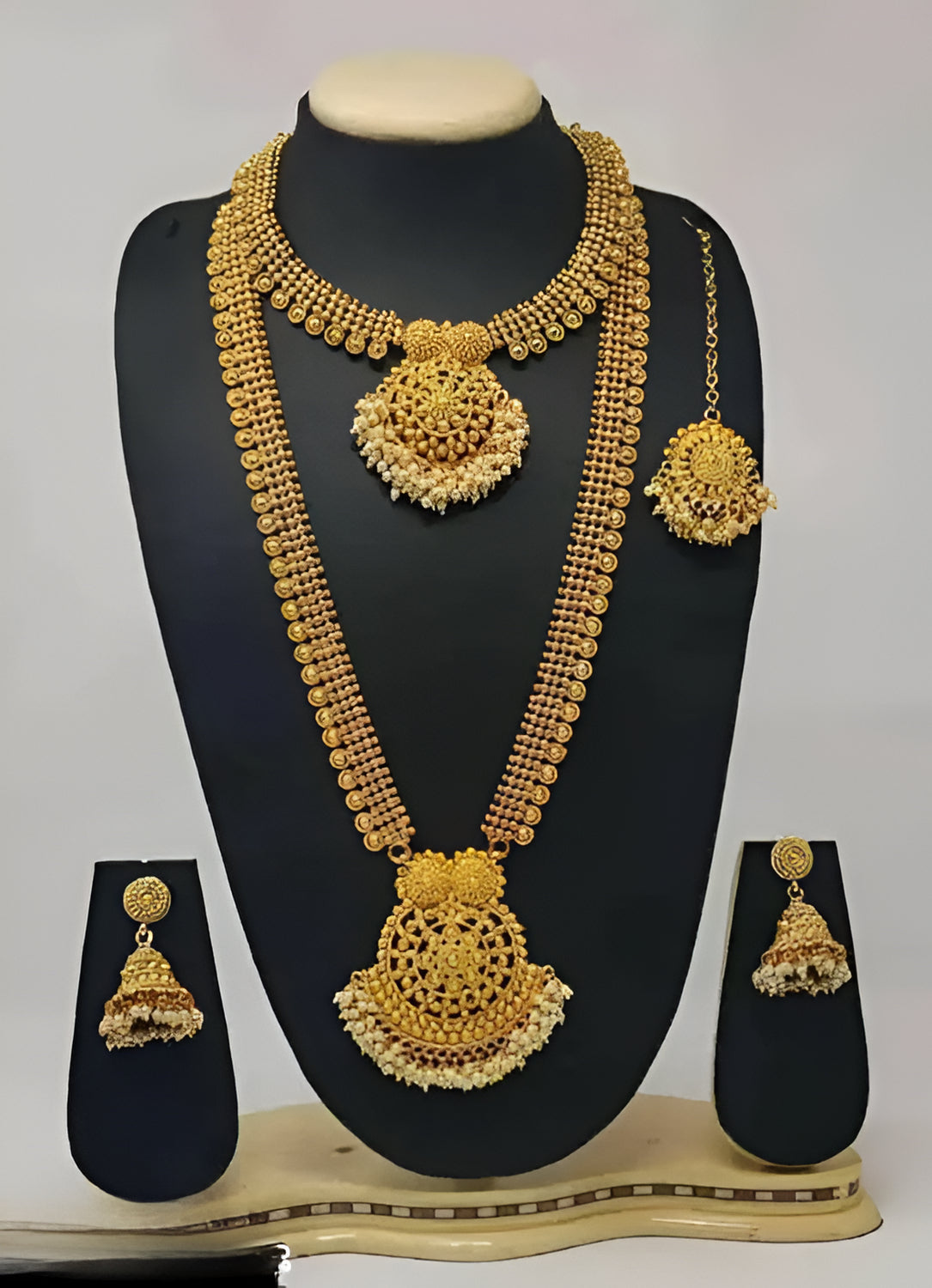 Jewel City Luxurious Gold-Plated South Indian Bridal Jewelry Set - Necklace, Long Chain, Earrings, and Tikka - Distacart