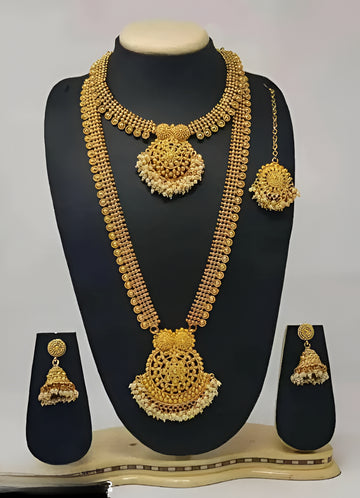 Jewel City Luxurious Gold-Plated South Indian Bridal Jewelry Set - Necklace, Long Chain, Earrings, and Tikka - Distacart