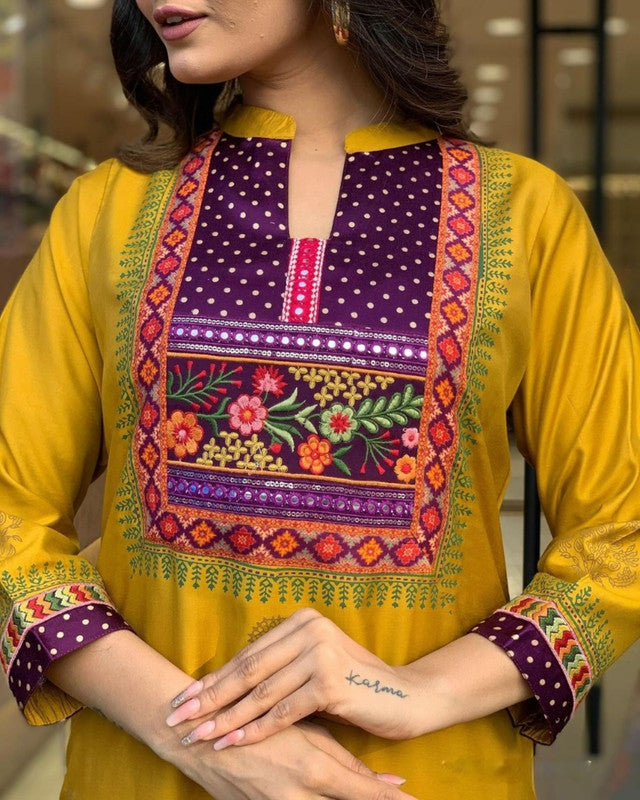 Malishka Women's Mustard Chanderi Printed Kurta Set With Dupatta - Distacart