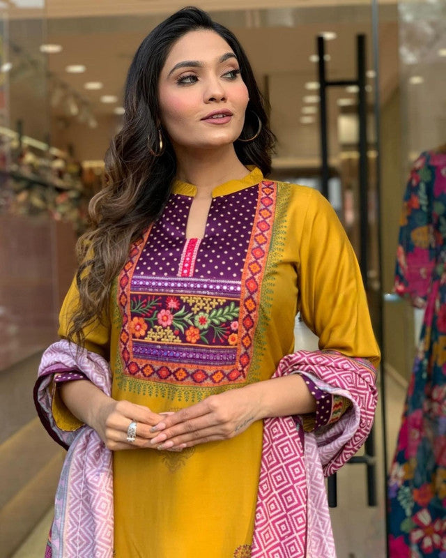 Malishka Women's Mustard Chanderi Printed Kurta Set With Dupatta - Distacart