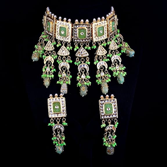 Tehzeeb Creations Meenakari Gold-Polished Green Color Rectangular Shape Uncut Kundan Combo Necklace Set - Distacart