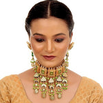 Thumbnail for Tehzeeb Creations Meenakari Gold-Polished Green Color Rectangular Shape Uncut Kundan Combo Necklace Set - Distacart