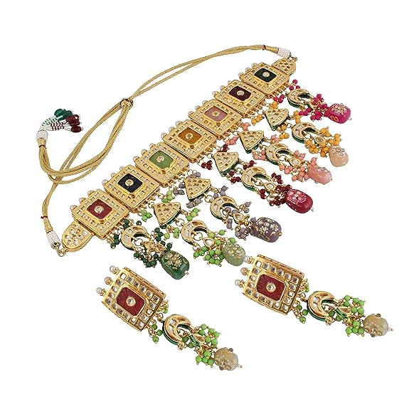 Tehzeeb Creations Meenakari Gold-Polished Multi Color Rectangular Shape Uncut Kundan Combo Necklace Set - Distacart