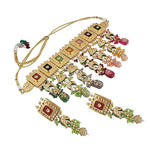 Thumbnail for Tehzeeb Creations Meenakari Gold-Polished Multi Color Rectangular Shape Uncut Kundan Combo Necklace Set - Distacart