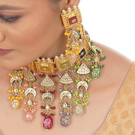 Tehzeeb Creations Meenakari Gold-Polished Multi Color Rectangular Shape Uncut Kundan Combo Necklace Set - Distacart