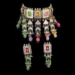 Thumbnail for Tehzeeb Creations Meenakari Gold-Polished Multi Color Rectangular Shape Uncut Kundan Combo Necklace Set - Distacart