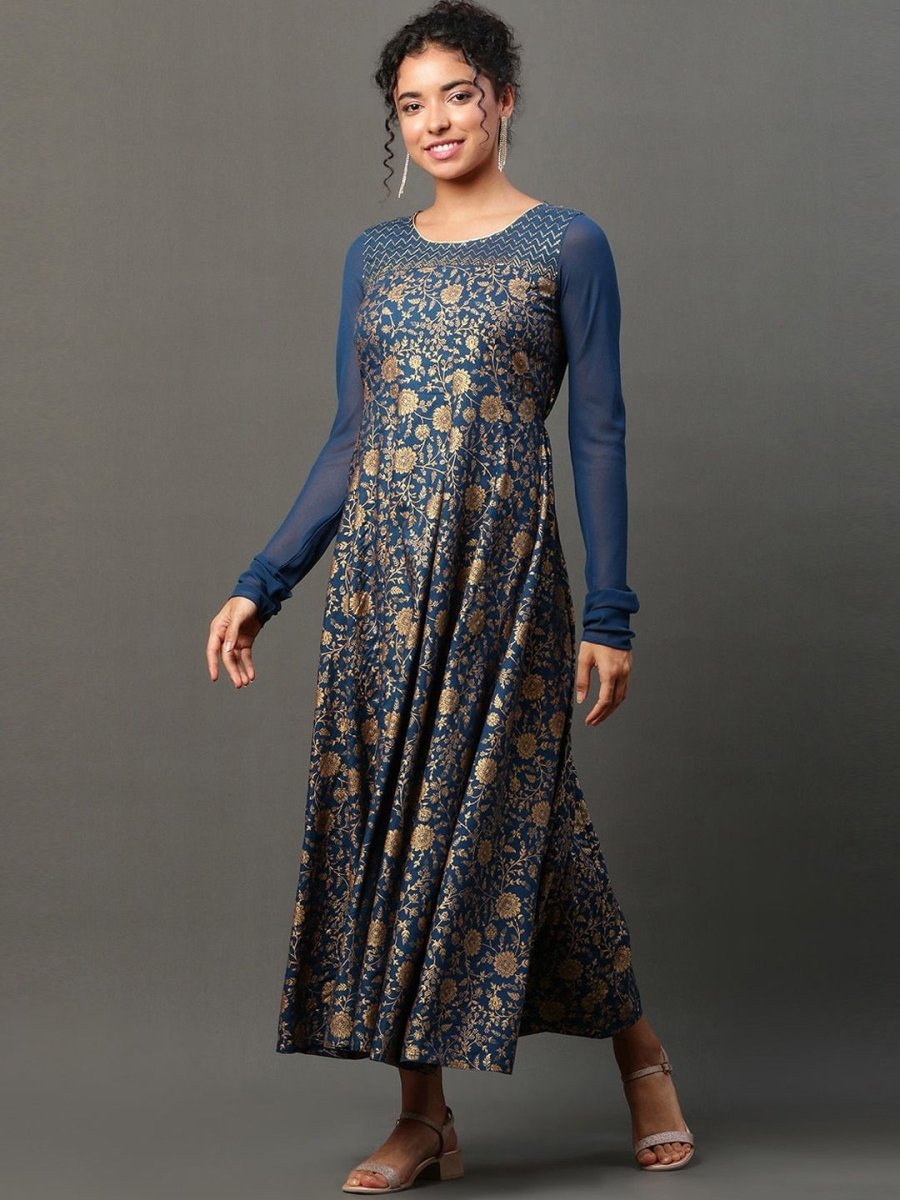 AURELIA Floral Printed Sequinned A-Line Ethnic Dress - Distacart