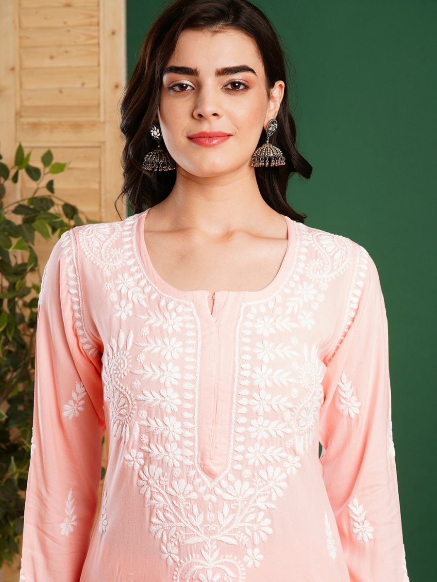 ADA Ethnic Motifs Embroidered Chikankari Kurta with Trousers - Distacart