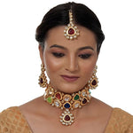 Thumbnail for Tehzeeb Creations Back Meenakari Gold-Polished Multicolor Color Tika Earring Jewellery Set Uncut Big Faux Kundan Dibbi Kundan Choker Necklace Set - Distacart