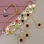 Thumbnail for Tehzeeb Creations Back Meenakari Gold-Polished Multicolor Color Tika Earring Jewellery Set Uncut Big Faux Kundan Dibbi Kundan Choker Necklace Set - Distacart
