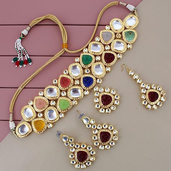 Tehzeeb Creations Back Meenakari Gold-Polished Multicolor Color Tika Earring Jewellery Set Uncut Big Faux Kundan Dibbi Kundan Choker Necklace Set - Distacart