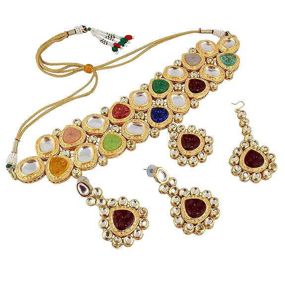 Tehzeeb Creations Back Meenakari Gold-Polished Multicolor Color Tika Earring Jewellery Set Uncut Big Faux Kundan Dibbi Kundan Choker Necklace Set - Distacart