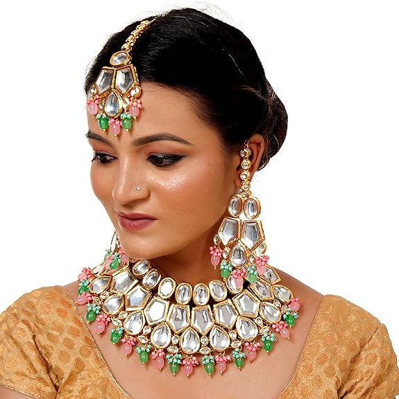 Tehzeeb Creations Back Meenakari Gold-Polished MultiColor Set Uncut Big Faux Kundan Choker Necklace Set - Distacart