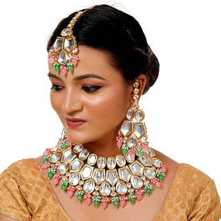 Tehzeeb Creations Back Meenakari Gold-Polished MultiColor Set Uncut Big Faux Kundan Choker Necklace Set - Distacart